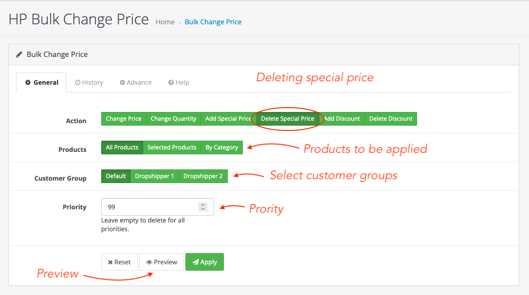 bulk change or delete special price for opencart